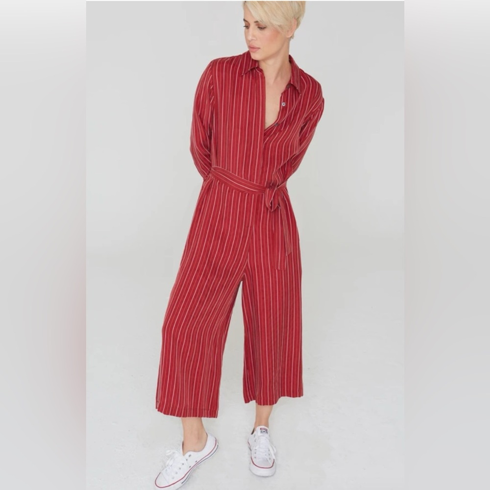 La Boheme Max Striped Jumpsuit in Clay Cupro Red/White stripe NWT